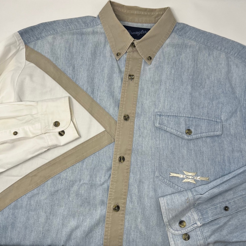 Wrangler Western Shirt Mens Large Blue White Colorblock Denim Aztec Button Up
